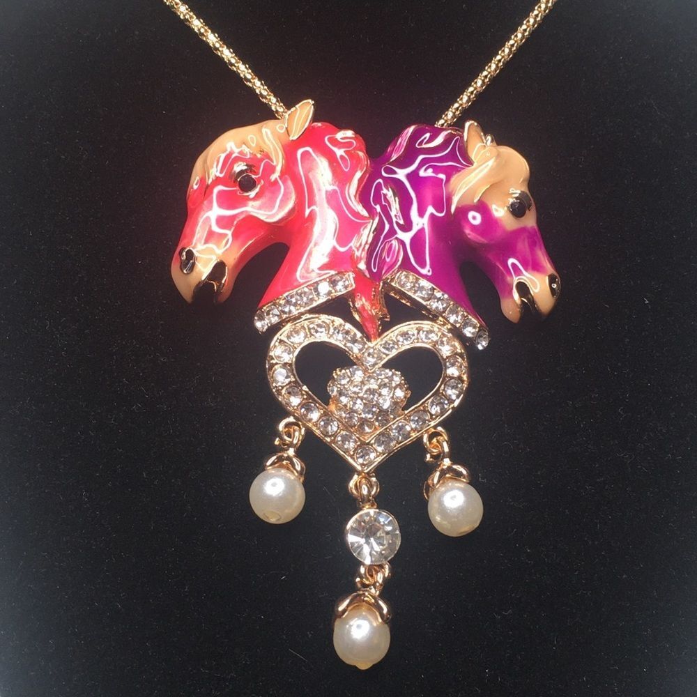 Pink Purple Stallion Jewel Enamel Necklace Brooch